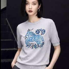 2026夏季新款韩版动物印花短袖T恤女灰色套头上衣时尚时尚潮流衫