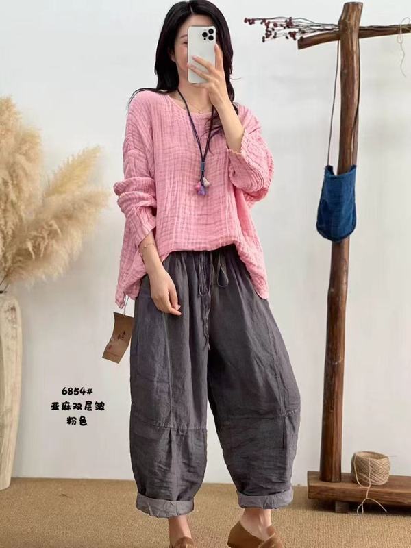 高端肌理亚麻女装宽松百搭T恤女秋季新款文艺范复古风慵懒衬衫女|undefined