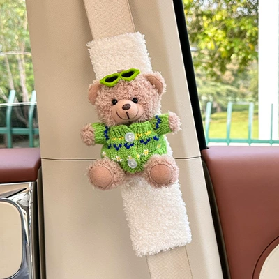 for children, creative car – Seat belt shoulder pad - lamb-wool-shoulder-pads-with-little-bear-green-buttons