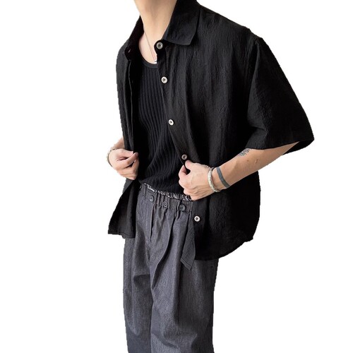 Textured vintage money style summer lazy style men's vacation casual loose short-sleeved shirt