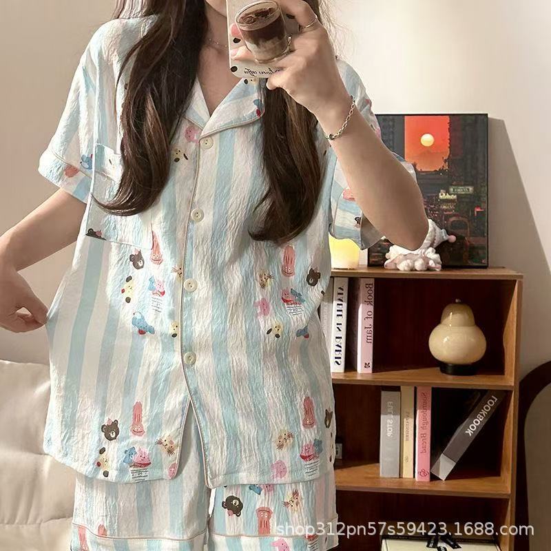 云朵棉短袖睡衣女夏季简约桃心印花夏天可外穿家居服套装跨境批发|undefined