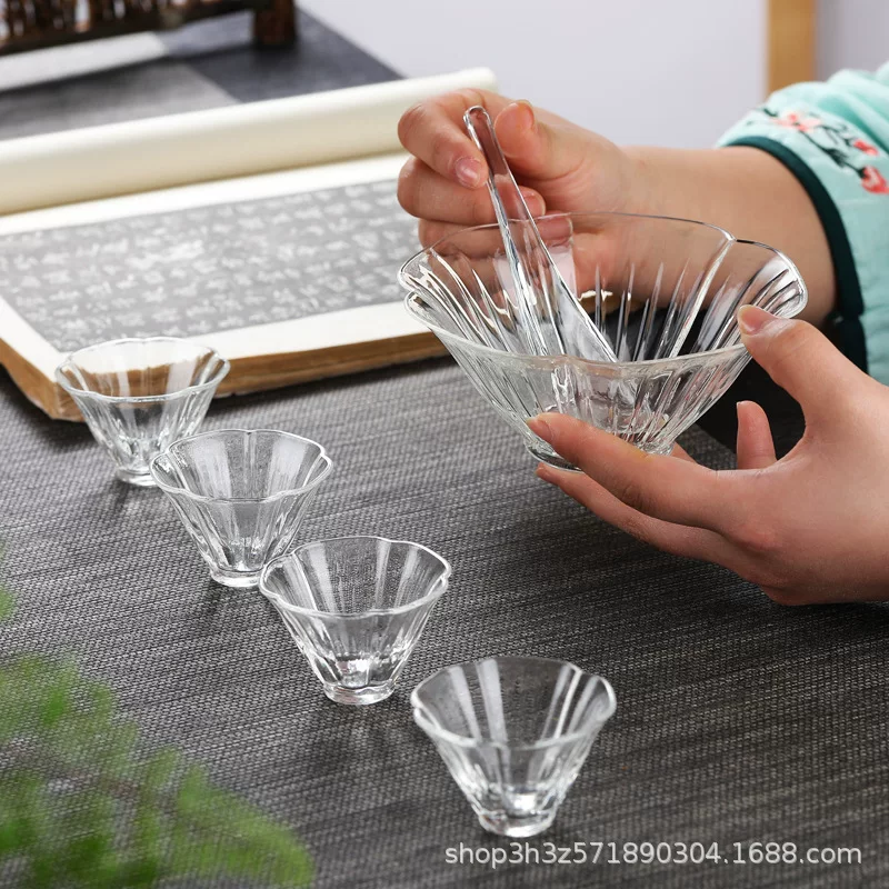 Hammered glass tea ceremony lotus bowl for blooming and brewing, tea spoon set for matcha and gongfu tea ritual