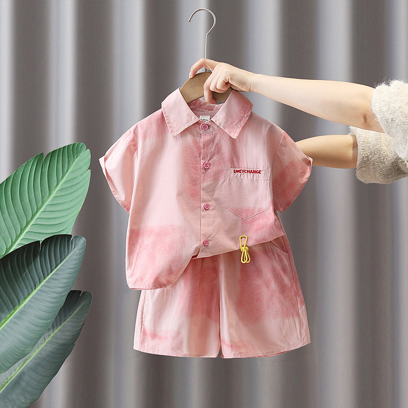 7141 Traje de camisa rosa para niños 2025 nuevo verano niño de manga corta bebé verano delgado traje de dos piezas de moda