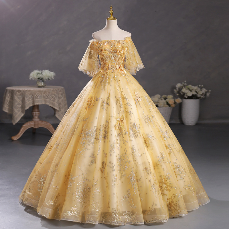 Nuevo vestido de noche de las mujeres fuera del hombro champán oro solo pettiskirt estudiante de arte examen rendimiento vestido de la reunión anual del anfitrión vestido