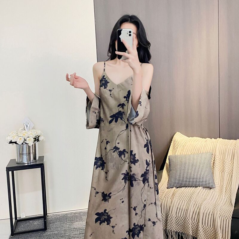 Spring and Summer New Style Ice Silk Pajamas for Women, Chinese Style Ink Print Camisole Nightgown Set, Long Elegant Women's Nightdress, Thin