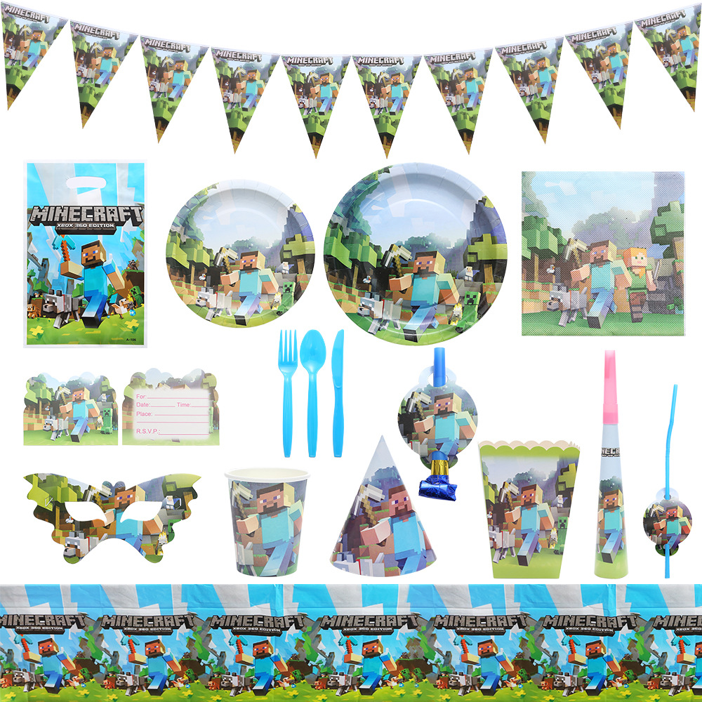 Artículos para fiesta de cumpleaños de Minecraft, platos de papel de guerra de píxeles, vasos de papel, pancarta, artículos de decoración, decoración estilo píxel