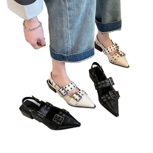 2024 Fall New Korean Style Low-Heeled Flat Women's Shoes with Belt Buckle Fashion Pointed Toe Studs Single Shoes