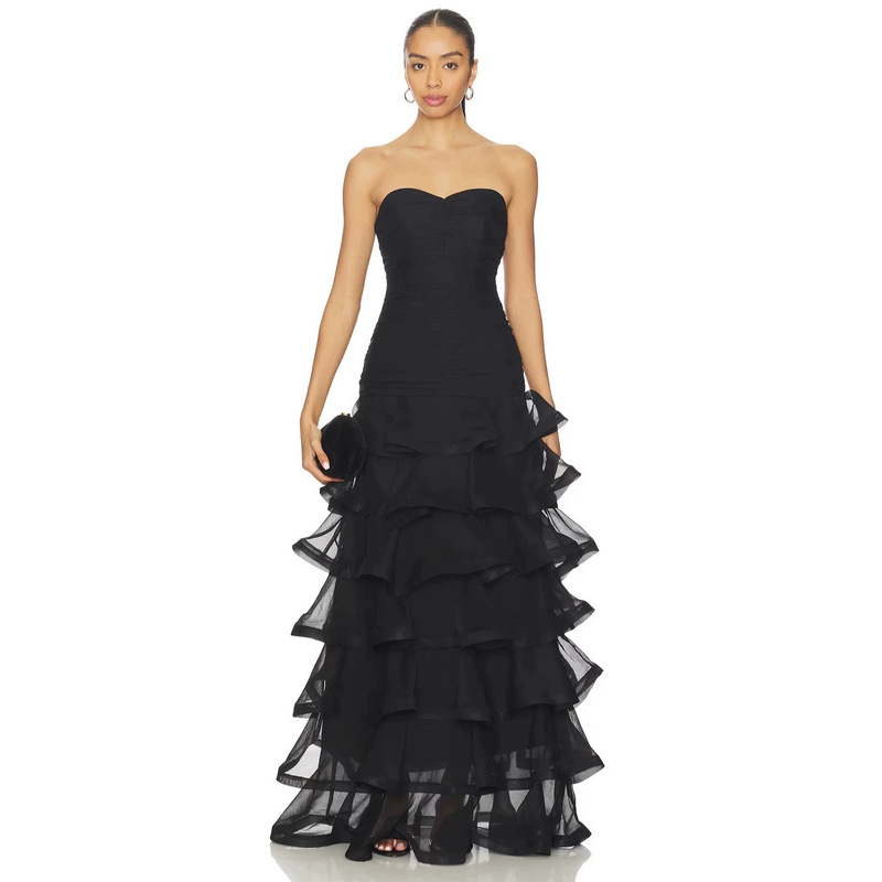 European and American Style Dress for Women, Evening Gown with Strapless Design, Waist-Cinching, Slimming Effect, Multi-Layered Ruffles, Mesh Cake-Style Long Dress European and American Style Dress for Women, Evening Gown with Strapless Design, Waist-Cinching, Slimming Effect, Multi-Layered Ruffles, Mesh Cake-Style Long Dress
