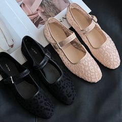 チャンネル商品～ネットセレブヒョウ柄メッシュバレエフラットシューズ、おしゃれヒョウ柄ワンストラップローヒールメリージェーンシューズ