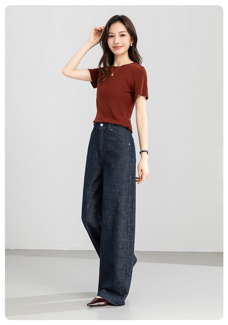 Quần jean nữ ống rộng cạp cao dáng suông dài chấm đất — Xanh da trờicolor chi tiết 23