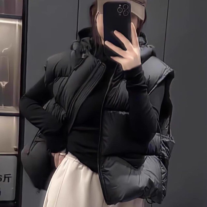 Chaleco de algodón de pluma corto encapuchado invierno nuevo 2025 coreano relajado de alto nivel chaleco pequeño chaqueta de hombro