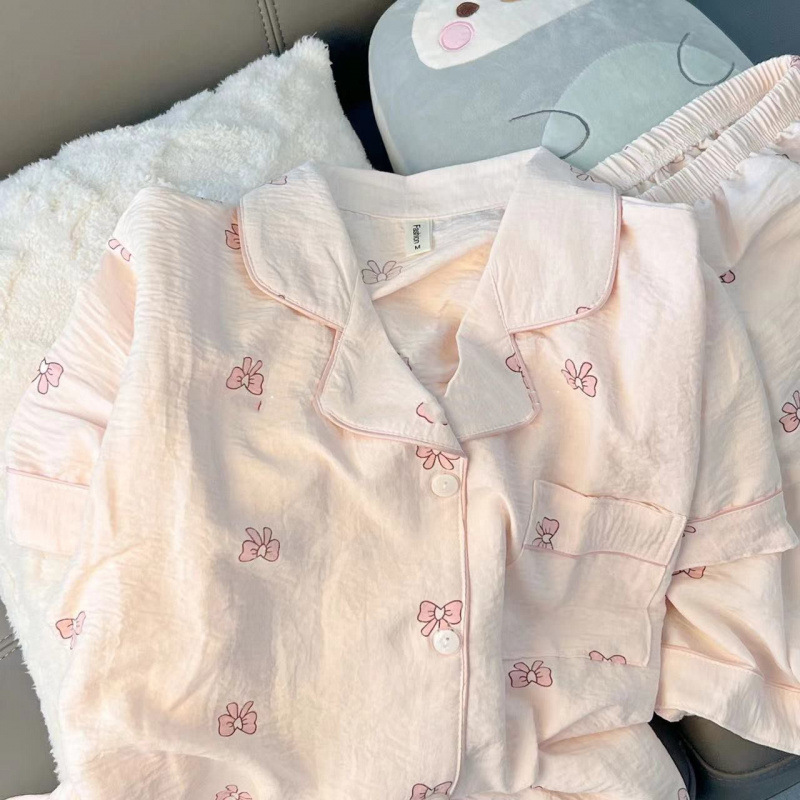 Pink Bow Cloud Cotton Pajamas Spring, Summer and Autum Women's Popular 2025 New Home Wear Suit Short-Sleeved Pants