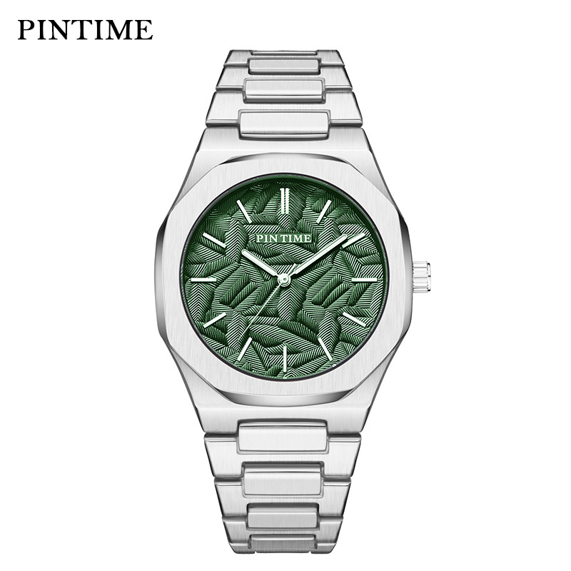 PINTIME Men's Watch New Brown Leaf Embossed Dial Watch Men's Niche High-end Waterproof Men's Watch