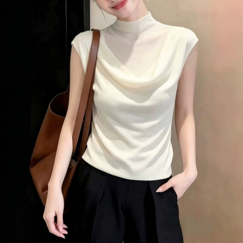 French-Style White Half-High Collar Sleeveless Knit Vest for Women, Summer Thin and Lightweight, Simple and Elegant, Slimming and Versatile Top