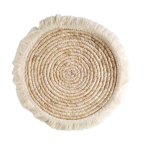 Modern simple straw placemat corn husk woven mat tassel edge thickened insulated placemat small tea coaster dining table mat