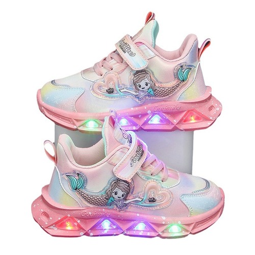 Lighted children's sports shoes 2024 spring and autumn mesh breathable children's shoes for small and medium-sized children princess light casual shoes