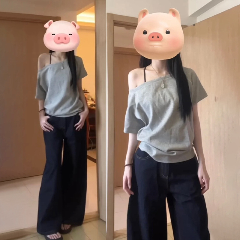 Korean Style Lazy Style Slanted Collar Off-Shoulder Short-Sleeved T-Shirt for Women Summer New Loose Slimming Look Casual Versatile Chic Top