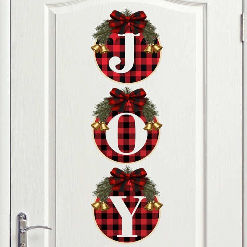 新しいクリスマスアイデアJOY楽しい赤黒格花輪門掛祝日パーティー装飾壁貼り|undefined