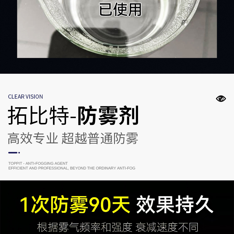 Topbit Glass Anti-Fog Agent, Long-Lasting Anti-Fog and Anti-Rain Agent for the Front Windshield, Waterproof and Water-Repellent Cleaning Spray