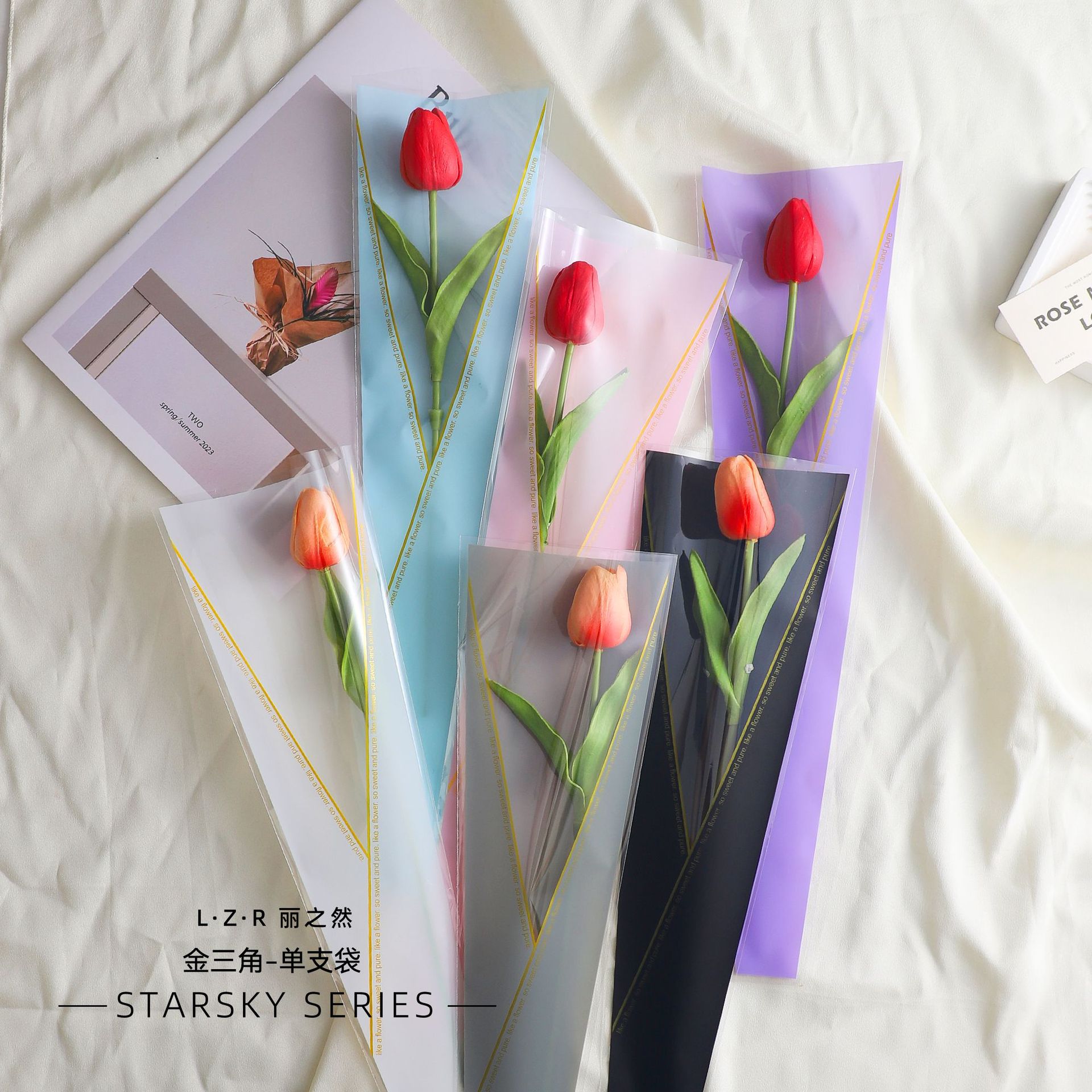 Festival de los maestros de Qixi triángulo de oro translúcido bolsas de rosas individuales embalaje de flores materiales de ramo