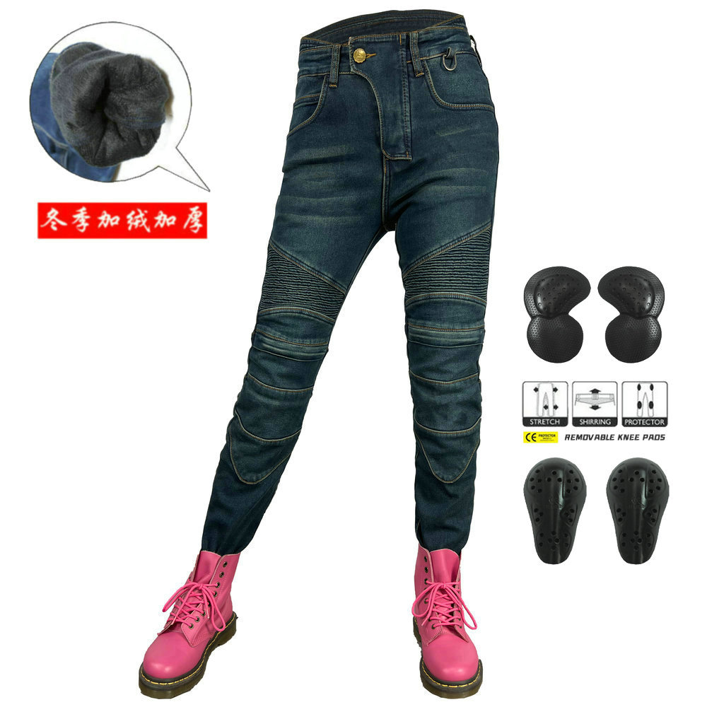 VOLERO motocicleta pantalones vaqueros de las mujeres de cintura alta de la motocicleta de montar pantalones de invierno de lana forrada a prueba de agua caliente anti-caída pantalones