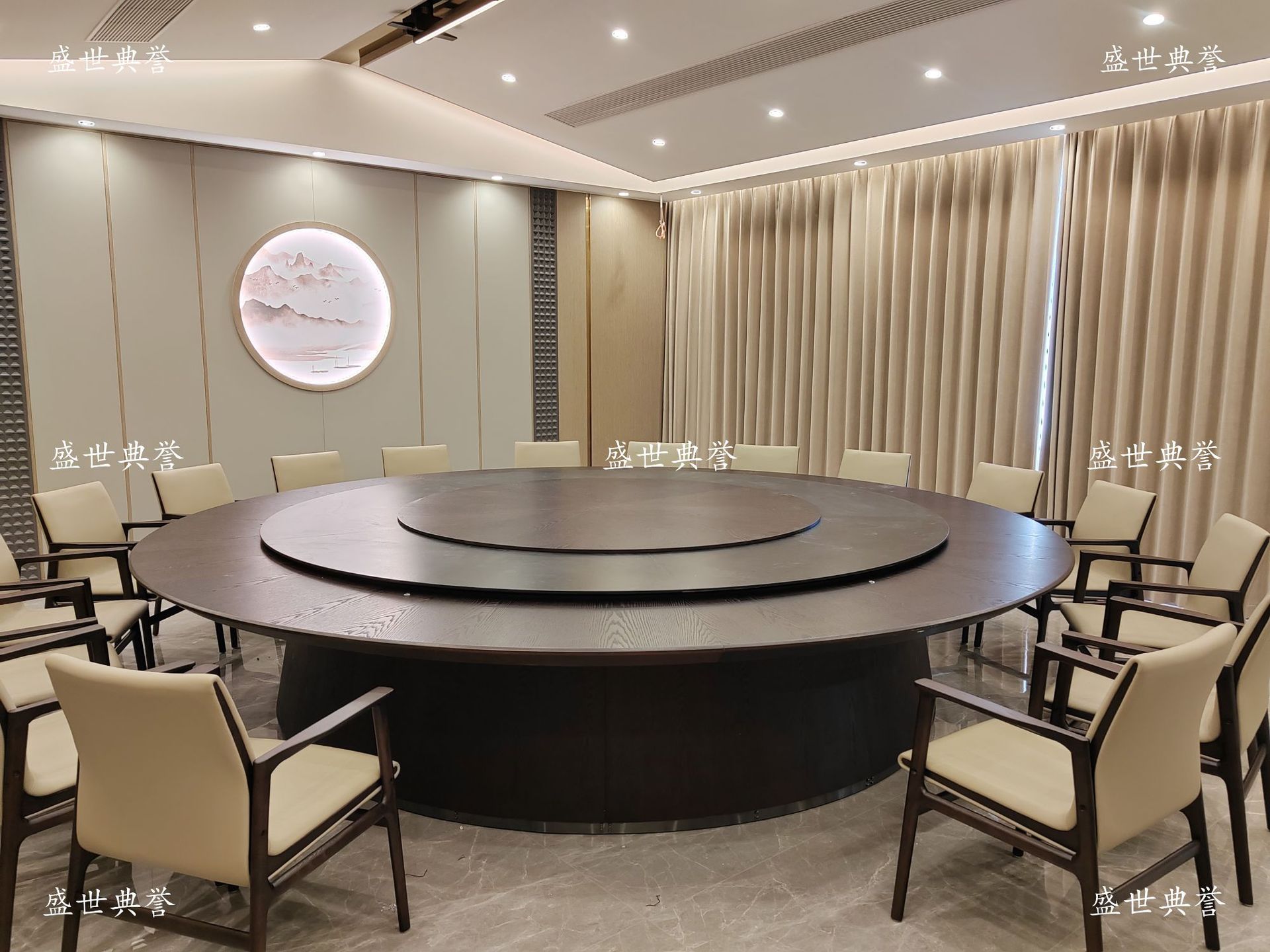 Zaozhuang hotel comedor muebles centro de convenciones caja de madera sólida mesa de comedor eléctrica silla club 20 personas mesa redonda eléctrica grande pic 12
