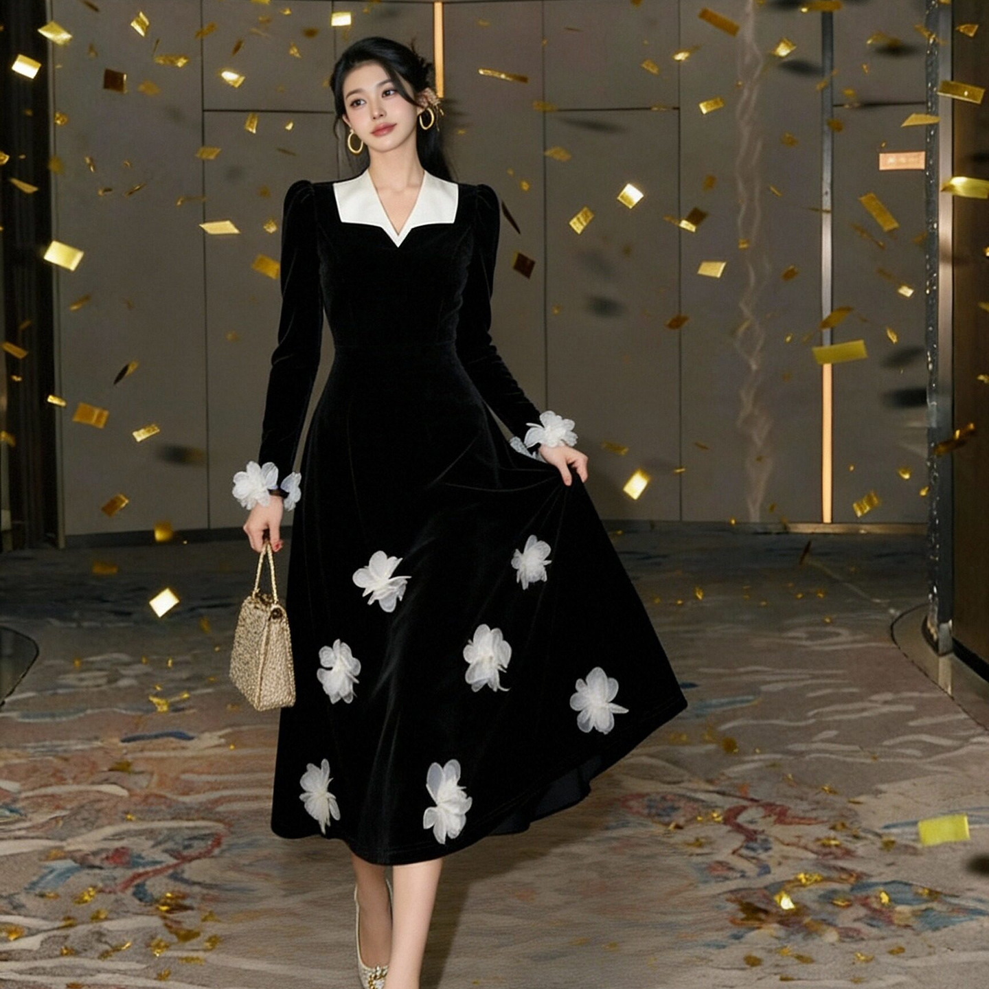 Đầm nhung V cổ thắt eo phong cách Hepburn hoa nổi 3D cổ điển thanh lịch — đen