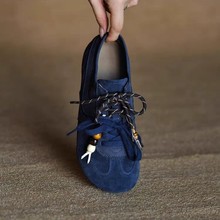 芈祐磨砂牛皮蓝色德训鞋女时尚休闲鞋2025新款秋季真软皮女鞋单鞋