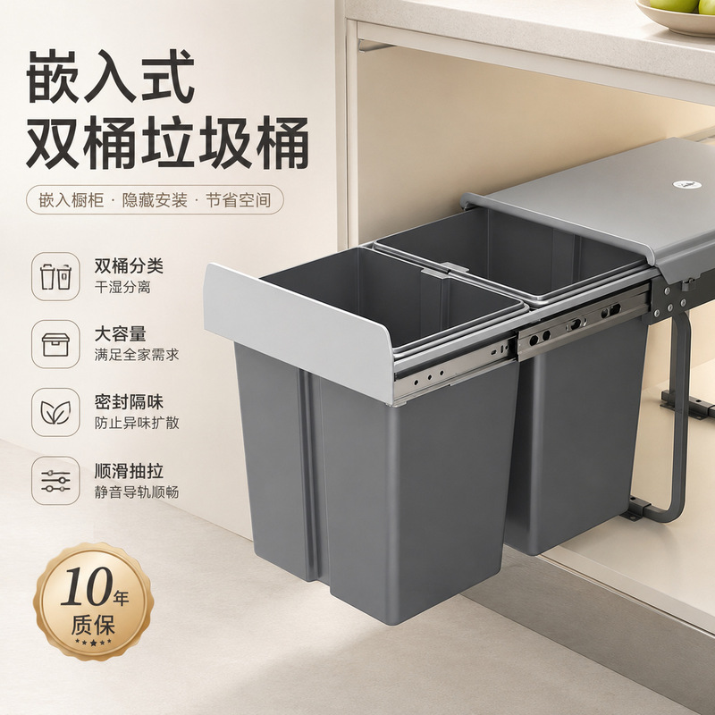 Built-In Kitchen Trash Can for Cabinets, Double-Bin Household Pull-Out Basket with Lid, Hidden Bin for Dry and Wet Separation Built-In Kitchen Trash Can for Cabinets, Double-Bin Household Pull-Out Basket with Lid, Hidden Bin for Dry and Wet Separation