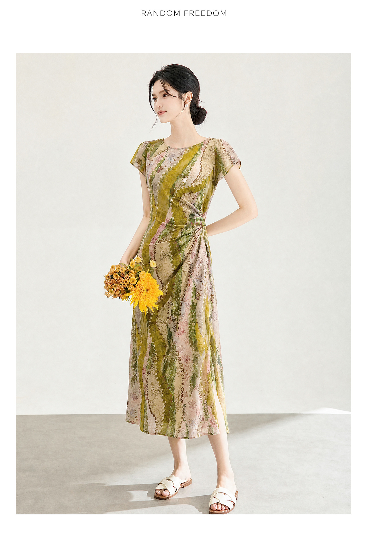 Đầm maxi nữ họa tiết bohemian tay ngắn thắt eo chất liệu voan — màu hồng chi tiết 17