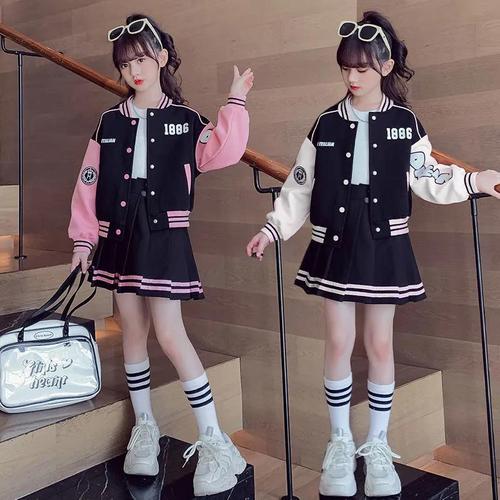 Girls' Spring and Autumn Sports Set 2024 New Korean Version Internet Celebrity Baseball Jacket Outer Skirt Children's Two-Piece Set Trendy