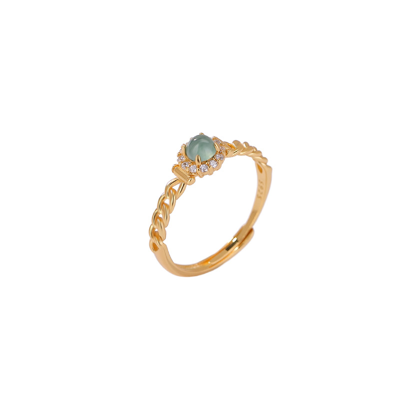 Nhẫn bạc S925 mạ vàng đính ngọc bích nước xanh hạt tròn xoắn phong cách instagram — Kiểu màu bạc