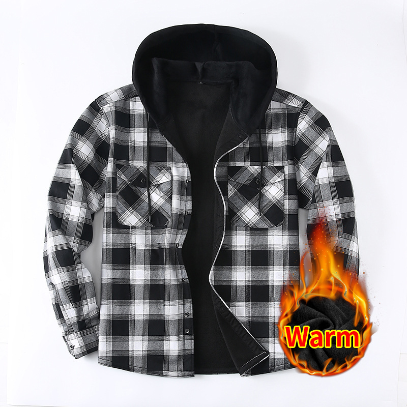 Cross-Border Men's Popular Plaid Shirt, Flannel Brushed Warm Shirt, Men's Long-Sleeved Casual Plaid Jacket