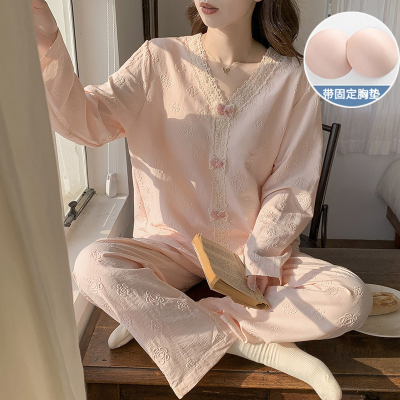 云朵棉睡衣女带胸垫春秋季新款韩版甜美ins风宽松长袖家居服套装|undefined