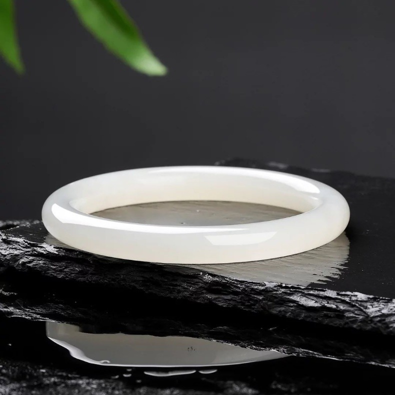 Vòng tay ngọc bích Tân Cương tự nhiên dạng Dingdong dải mỏng mỡ cừu — Vòng tay Dingdong khoảng 7mm để gửi giấy chứng nhận túi quà hộp quà chi tiết 5
