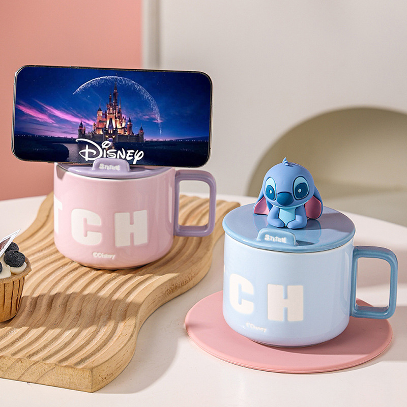 Taza de cerámica de gran capacidad con tapa con cuchara taza de agua de dibujos animados taza de café de pareja caja de regalo portátil