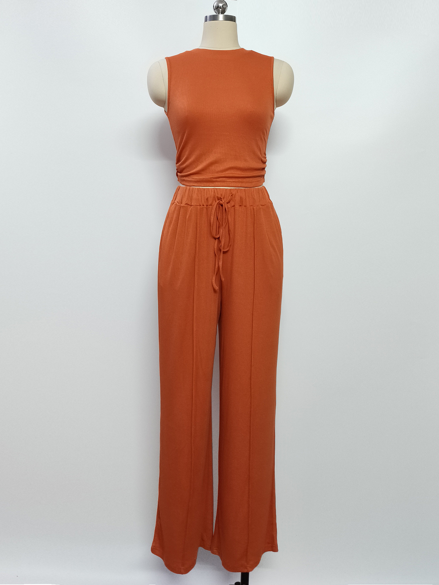 Women's Clothing Summer Leisure Suit Sleeveless Round Neck Short Slim Fit Top Wide Leg Pants Two Piece Suit_ecoleips.com