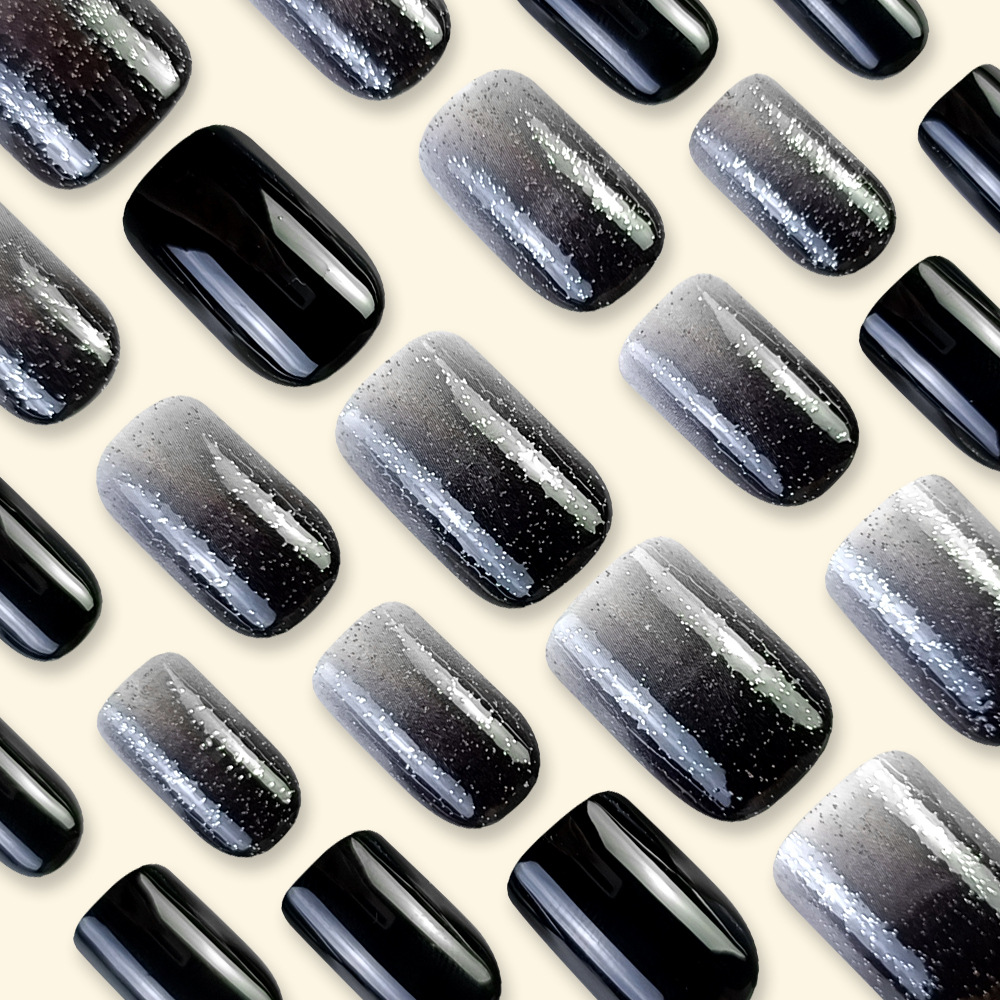 24 piezas de uñas de desgaste simples y de moda, degradado, brillo negro, temperamento, uñas de uñas, parches de uñas de venta caliente transfronterizos