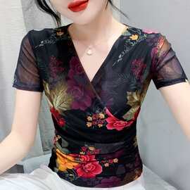欧洲站碎花鸡心领短袖体恤波西米亚黑色数码印花上衣透气薄款泰国