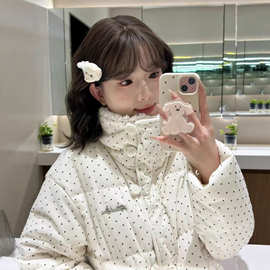 波点棉服女款2025新款冬季韩系设计羊羔毛翻领短款甜美小棉袄外套