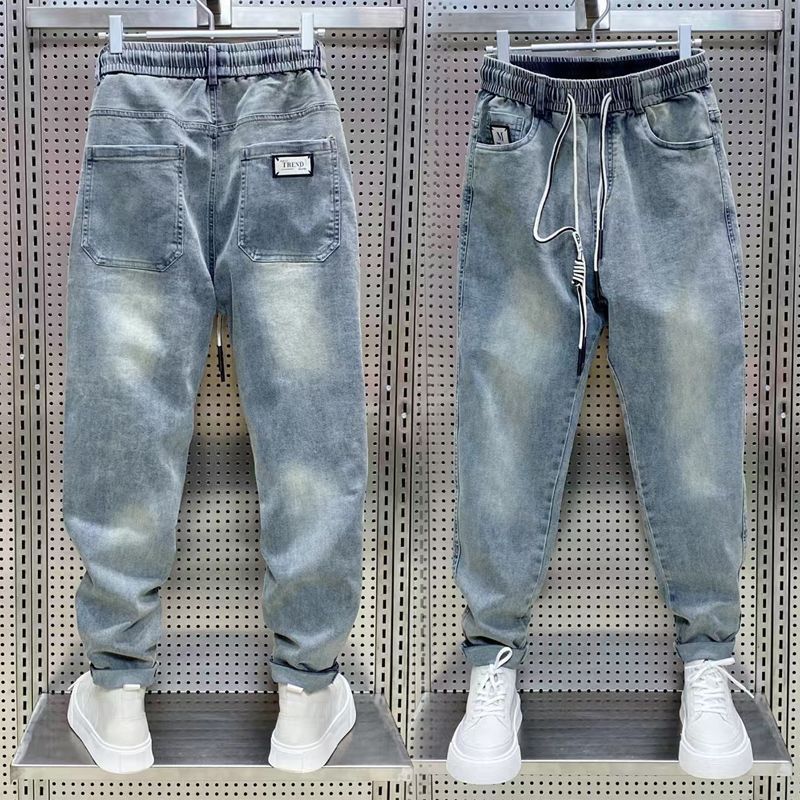 Summer thin men's ripped jeans, loose and trendy cropped with drawstring elastic casual Harlan pants, dad pants_voghion.com
