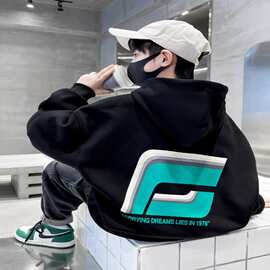 男童加绒卫衣连帽冬款潮牌中大童加厚保暖上衣儿童大男孩冬装童装