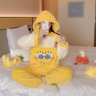 Cute sponge baby coral fleece pajamas fleece-lined thickened flannel pajamas for autumn and winter 2023