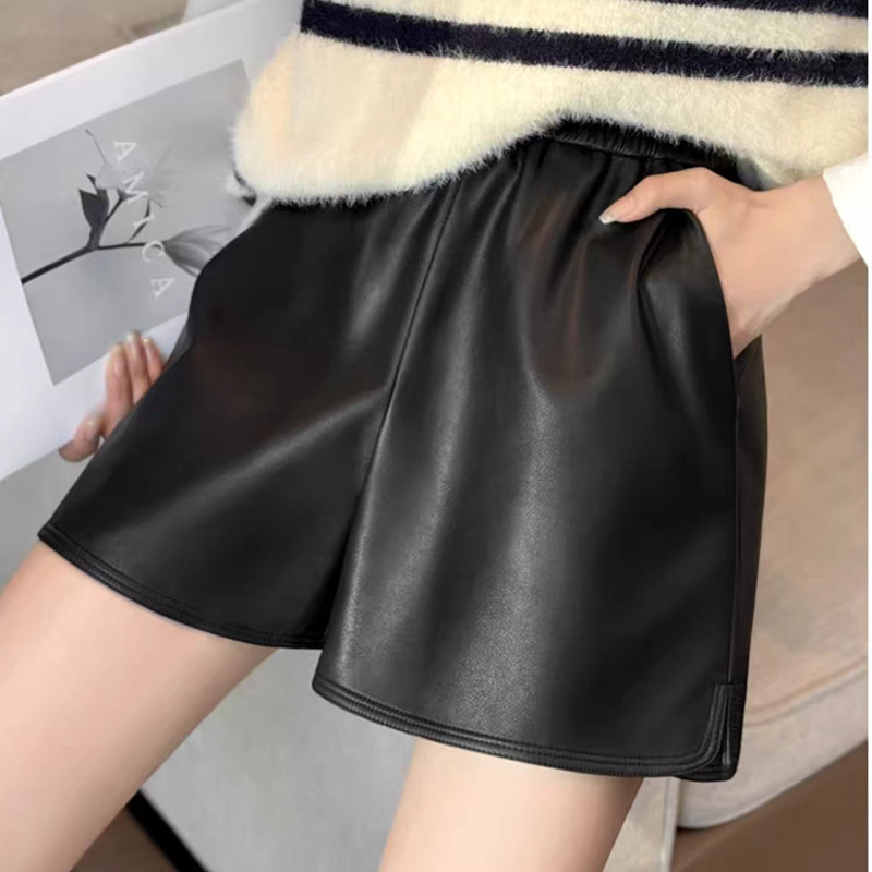 Women's Leather Shorts 2026 Season New Style Spring and Autumn High-Waisted Plus-Size Boot Shorts Black Versatile Wide-Leg Pu Leather Pants