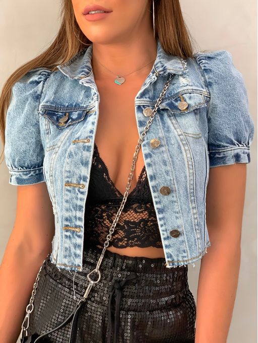 Crop denim jacket cross border ins wind cut Vintage hole bubble sleeve small Denim Jacket Top