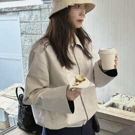 韩国chic春季复古减龄翻领正反两穿宽松百搭长袖条纹夹克短外套女