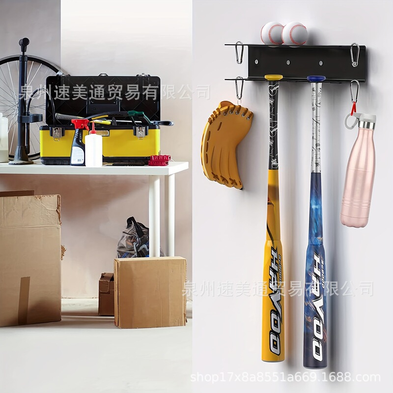 Heavy steel wall-mounted baseball storage rack for five baseball bats and five baseballs