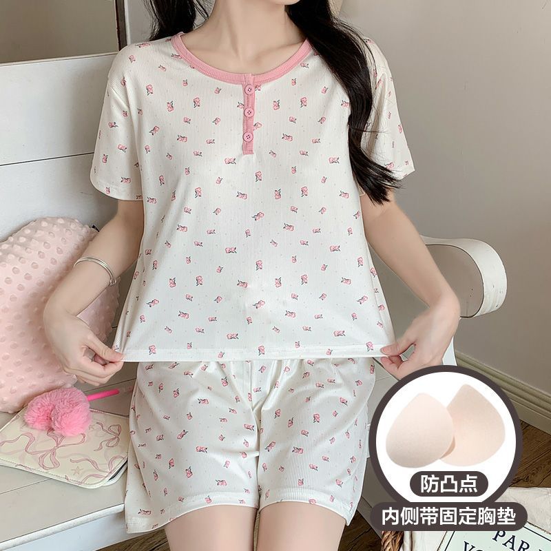Transfronterizo con almohadilla para el pecho Douyin transmisión en vivo pequeño libro rojo estilo caliente hilo de seda de hielo pijamas de moda traje corto doble femenino servicio a domicilio
