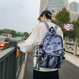 Trendy brand backpack men's ins trendy cool large capacity graffiti backpack men's casual college student schoolbag junior high school girls
