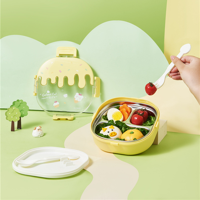Children's 316 stainless steel lunch box children's portable supplementary food box creative cute compartment student lunch box with spoon and fork